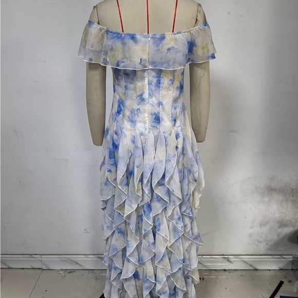 Off-Shoulder Blue & White Ruffle Maxi Dress - Picture 6 of 6